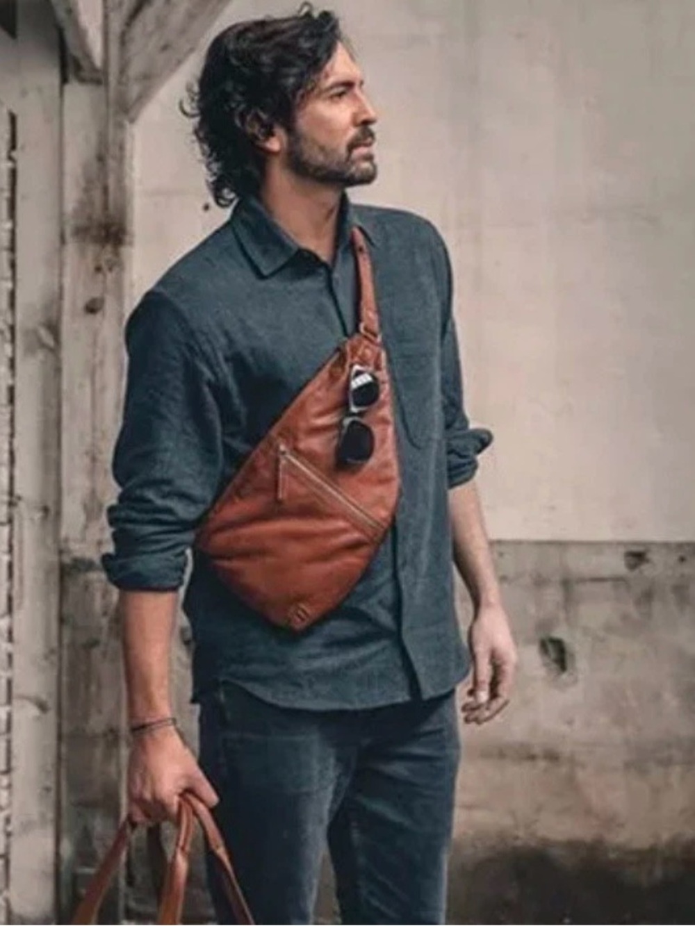 Unisex Brown Leather Sling Bag - Casual Crossbody
